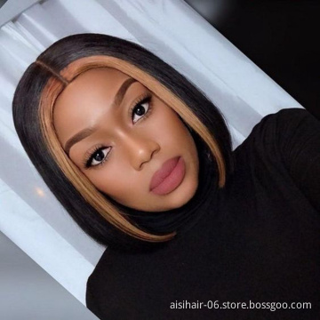 Aisi Best Swiss Lace Front Bob Cut Fiber Highlight Mixed Black Brown Short Straight Synthetic Heat Resistent Wig